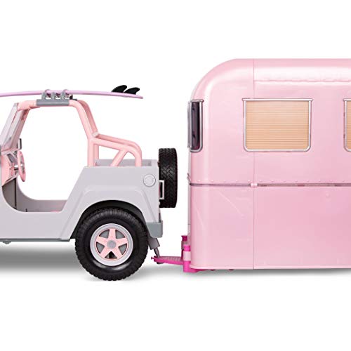 Our Generation OG Off Roader – 4x4 Vehicle Playset for 18-inch Dolls, Beach Themed Vehicle Featuring Surfboard, Salmon Pink Car, Working Lights, Wipers, Speakers, Realistic Play