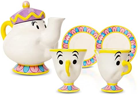 Disney Beauty and the Beast Mrs. Potts Teapot Set With 2 Chip Cups and Saucers