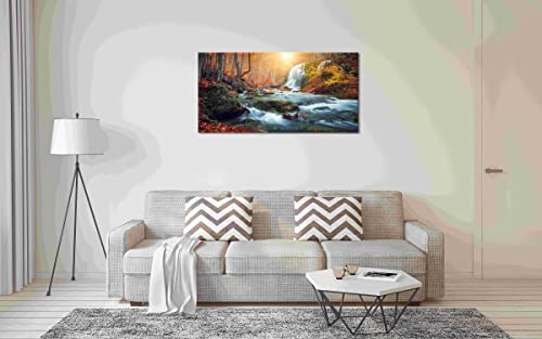 Autumn Waterfall Large Stretched Canvas Wall Art For Living Room Bedroom Home Decoration,Mordern Forest River Print Picture Painting Decor Giclee Artwork,Gallery Wrapped Gift,Inner Frame(30x60) by Piy Painting - Used condition - Image 3