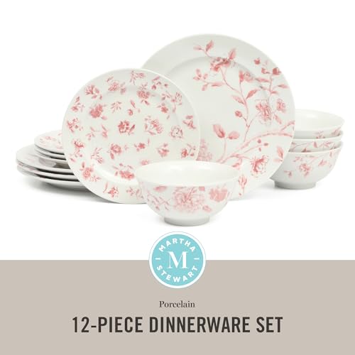 Martha-Stewart-Empress-Bouquet-12-Piece-Decorated-Porcelain-Dinnerware-Plates-and-Bowls-Set-Pink-Floral-Service-for-4-12pcs Martha Stewart Empress Bouquet 12 Piece Decorated Porcelain Dinnerware Plates and Bowls Set Pink Floral Service for 4 12pcs