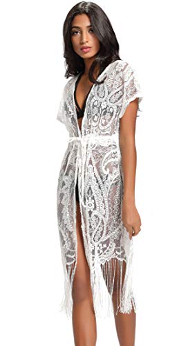 Costyleen Summer Womens Beach Wear Cover up Swimwear Bikini Lace Floral Long Maxi Beach Dress White1 S(fits XS-S)