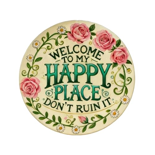 Image of Welcome to My Happy Place Metal Wall Sign,Garden Decor Vintage Round Creative Wall Patio Signs Iron Hanging Poster for Indoor Outdoor Decorations
