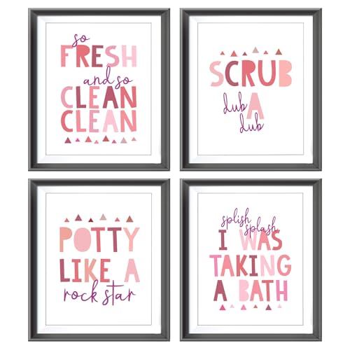 Image of So Fresh and Clean Colorful Bathroom Art Poster Prints for Home Kid Washroom Restroom Nursery Toilet Laundry Decor,Funny Bathroom Rules Word Art Decorations Prints Wall Art Unframed 4pcs 8x10in(Pink)