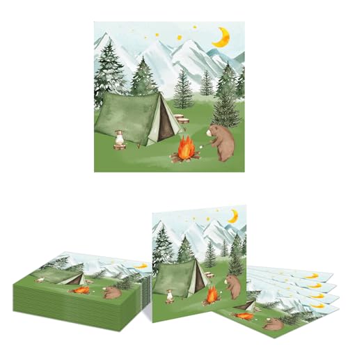 Kotkiddy 20 Stück Campingen Papier Servietten, Campingen Geburtstagsdecorationen mit Zelt Lagerfeuer Bär Abenteuer Wald Junggesellinnenabschied Wandern
