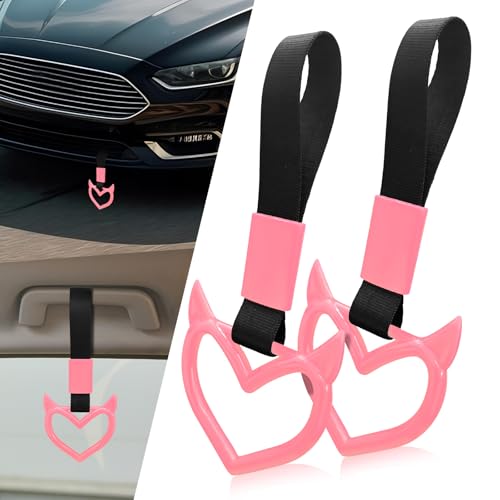 Image of 2 Pcs Devil Heart Shaped Car Handle Strap - JD M Drift Charm Rear Bumper Warning Ring Decor for Car Interior Exterior, Subway Bus Handle Accessory, Cute Heart Car Decor Gift for Drivers (Pink)