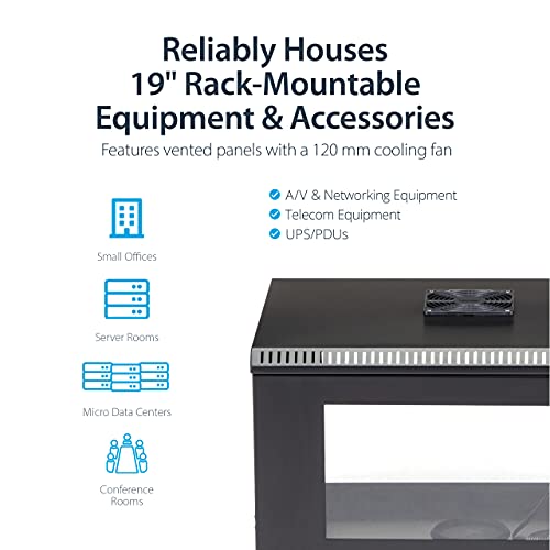 Image of StarTech 6U Wall-Mount Cabinet, 19in, 2-Post, 11in Deep, 110lb (RK619WALL) | Enclosed locking server rack kit for data equipment, Max depth 11.2in, Heavy-duty steel, Includes 1U shelf