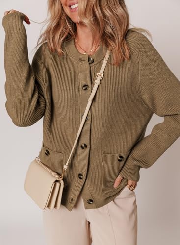 Dokotoo Cardigan Sweaters for Women Casual Long Sleeve Crewneck Button Down Cable Knit Sweater Tops with Pockets3