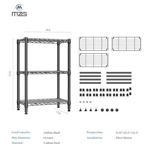 Image of M MZG 750 lbs 3 Tier Shelf Metal Storage Shelves Wire Rack Closet Organizers for Garage Kitchen Bathroom Laundry Black 11.8 inch D x 25.6 inch W x 31.5 inch H