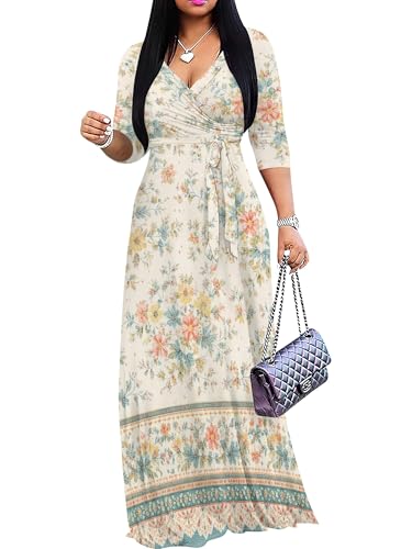 Image of Women's V Neck Floral Maxi Dress 3 /4 Sleeve Plus Size Boho Wrap Flowy Long Dresses with Belt