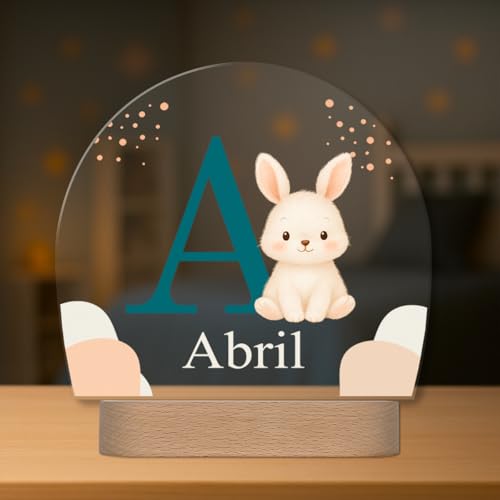 Lámpara Infantil Personalizada con Nombre e Inicial - Lámpara Quitamiedos con Luz LED - Regalo Original para Bebé, Bautizo, Cumpleaños (Conejo)