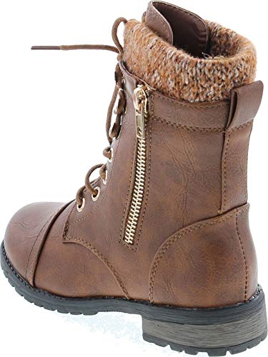 JJF Shoes Mango-31 Kids Tan Round Toe Military Lace Up Knit Ankle Cuff Low Heel Combat Boots-93