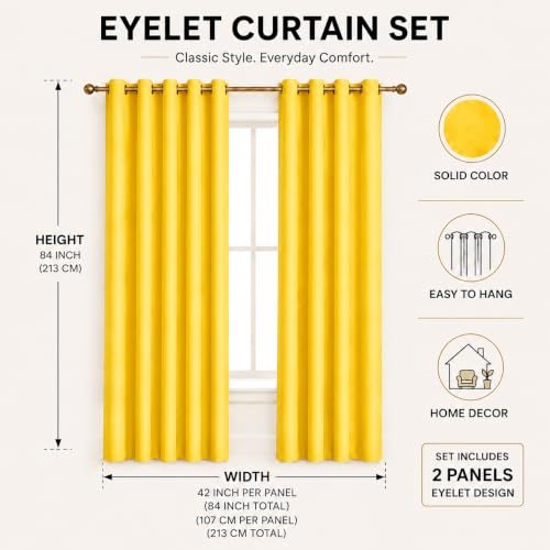 Image of Polyester Eyelet Door Curtain, Solid Plain Light Filtering Curtain for Bedroom, Living Room & Home Office, 7 Feet (84 x 48 Inch), Yellow, Pack of 2