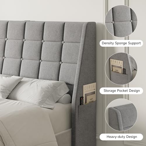 Image of Full Size Headboard with Charging Station, Wingback Ergonomic Headboards | Wingback Upholstered Bed Head Board with Storage Pocket, Sturdy Stable Solid Wood Headboard, Bed Frame Adapters, Light Grey