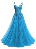 Beyonddress Robe de soirée en tulle pailleté longue pour femmes - Robe de bal avec applications en dentelle - Col en V - Robe de bal de promo pour femmes - Robe de fête, bleu, 34