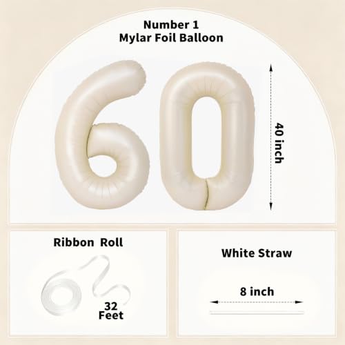 Image of Number Balloons for Birthday Decorations - 40 Inch Large Party Balloons 60, Cream Foil Number Balloons for Boys Girls, Balloons for Party Supplies