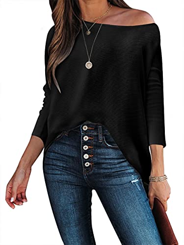 Women's Lightweight Sweaters 2023 Fall Winter Trendy Clothes Scoop Neck Long Sleeve Casual Loose Slouchy Black Knitted Pullovers Soft Warm Comfy Tunic Sweater 3Co96-Heise-M #TOP3