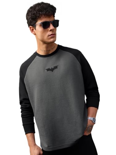 Image of The Souled Store Batman: Darkness Men and Boys Long Sleeves Round Neck Charcoal Grey Colour-Block Superhero Emblem Casual Lightweight Streetwear Trendy Full Sleeve T-Shirts