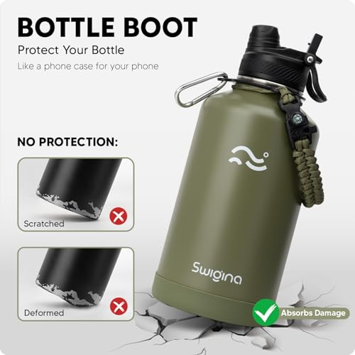 Image of Swigina [2-IN-1 LID] 64 oz Insulated Water Bottle with Silicone Boot (48hrs Cold /24hrs Hot) - DIY Stickers, Leakproof, BPA Free, Half Gallon