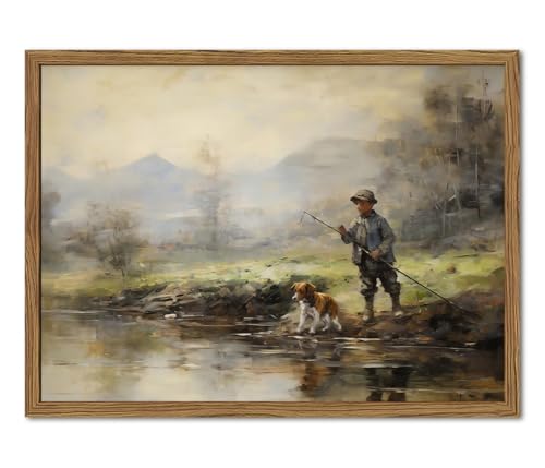 Image of Vintage Wall Art, Boy Fishing Wall Decor Paintings, Dog and Boy Landscape Canvas Prints Nature Country Farmhouse Artwork for Bedroom Living Room 16x12 inch Wood Framed