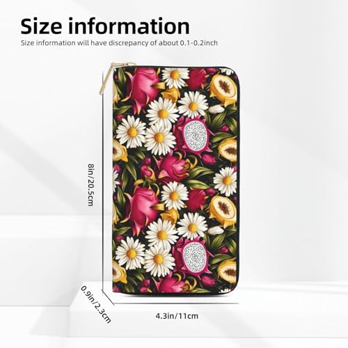 Leather Thin Slim Wallets for Women & Men - Daisy Dragon Fruit Print Card Wallet Holder with Zipper2