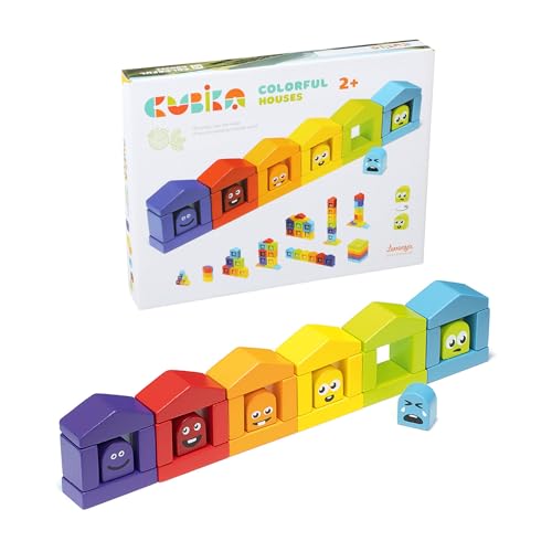 Cubika Wooden Construction Set Colorful Houses – 24-Piece Construction Play Set with Emotion Characters for Toddlers 2+– Montessori Toy for Creativity, Cognitive Development, and Emotion Recognition