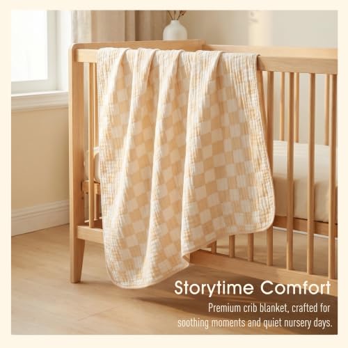 Image of Ultra Soft Muslin Baby Blanket - Made with Organic Cotton, Neutral Earth Tone Checkered Swaddle & Crib Quilt, 43x43 (Beige)