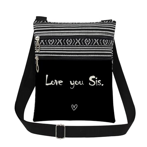 Love You Sis Print Crossbody Bag Unique Birthday Gift for Best Friend Sisters Teens Christmas Thanksgiving Gift for Women Travel Messenger Bag Adjustable Shoulder Strap (Black)