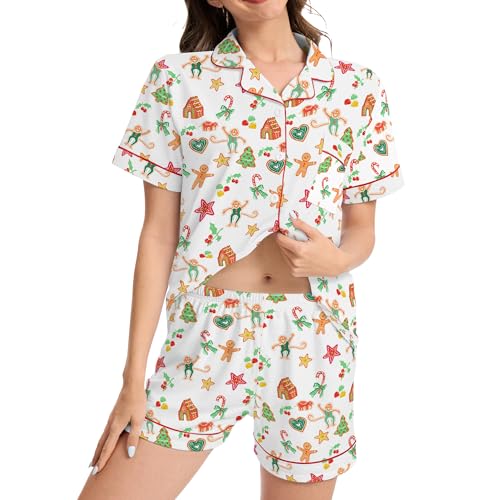 Image of Ammiko Womens Pajamas Set Y2k Loungewear Pajama Button Down Top and Shorts Monkey Beach Short Sleeve Sleepwear Preppy
