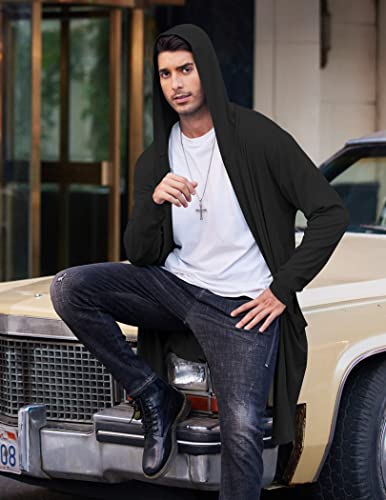 Coofandy Men'S Long Hooded Cardigan Shawl Collar Lightweight Open Front Drape Cape Overcoat With Pockets Black thumb #1