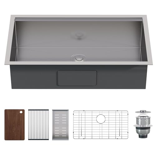 31.5-Inch Undermount Kitchen Sink Workstation, 16 Gauge 304 Stainless Steel Single Bowl Kitchen Sink with Cutting Board, Drying Rack, Roll-Up Rack and Drain Assembly