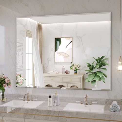 JIINGYO Frameless Bathroom Mirror, 48x36 Beveled Bathroom Vanity Mirror