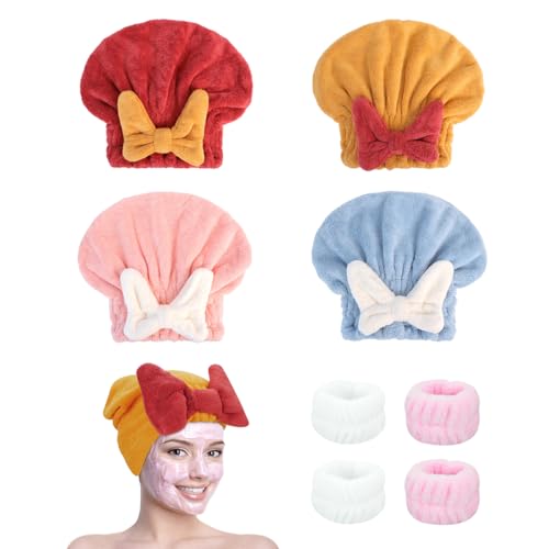 HAOTIAN-X 4 piezas de toalla de pelo superabsorbente envoltura, gorras de microfibra para secar el cabello, bowknot secado rápido turbante toalla con 4 bandas de lavado, gorro de secado rápido