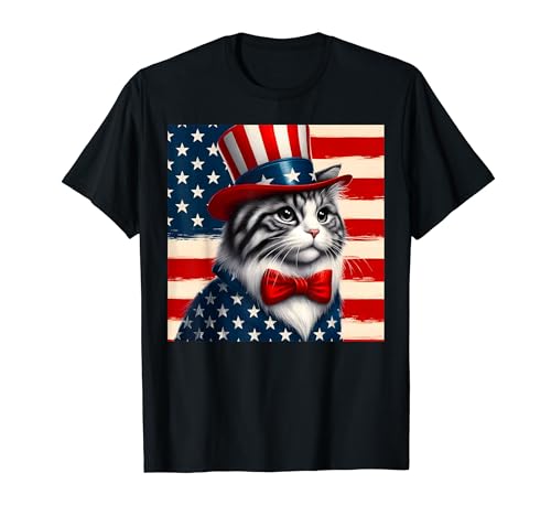 Happy 4th Of July Cute Cat Patriotic Usa Flag Vintage Cat T-Shirt