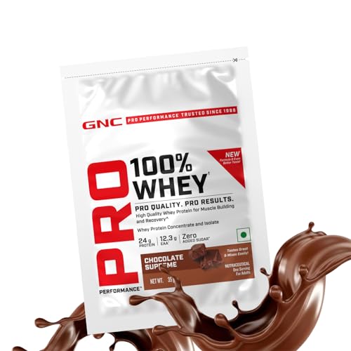 Image of GNC Pro Performance 100% Whey Protein | New Formulation | 24g Protein, 5.7g BCAAs, 12.3g EAAs | Added DigeZyme | Whey Isolate & Concentrate Blend, Low Carb (4.51g), No Added Sugar | Chocolate Supreme, 35g