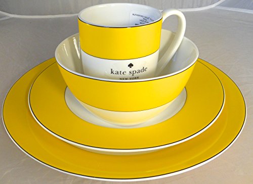 4-Piece Kate Spade Lenox Rutherford Circle Yellow Pattern Dinner & Salad Plate, Bowl & Tea/Coffee Cup Set
