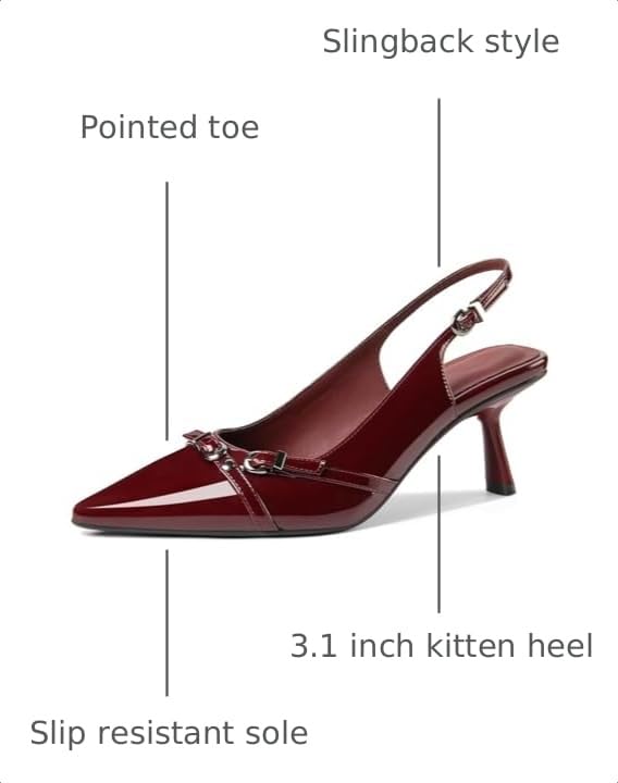 Image of Kitten Heels for Women Closed Pointed Toe Heels Patent Leather Low Heel Slingback Dress Shoes Feature Adjustable Buckle for Date Party Work Office Comfortable Sexy Pumps Shoes