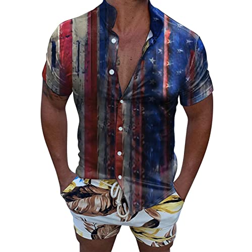Fashion Top Spring Casual Blouse Printed Sleeve Beach Short Flag Shirts Men Summer Men Shirts Pajama Short Sleeve (Blue, Xl) #TOP28