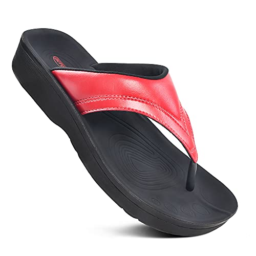 Image of AEROTHOTIC Comfy Arch Support Flip Flops for Women Open Toe Stylish Faux Leather Cushioned Strap with Non-Slip Sole & Comfortable Footbed Indoor and Outdoor Sandals