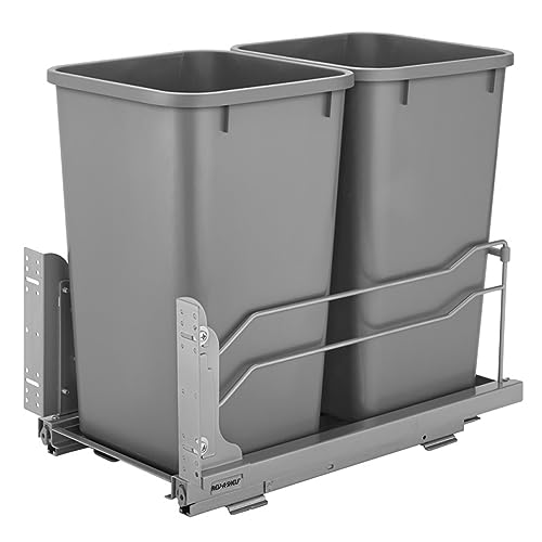 Rev-A-Shelf Double Pullout Trash Can for Base Kitchen Cabinets 27 Quart 12.5 Gallon with Soft-Close Slides, Metallic Silver, 53WC-1527SCDM-217