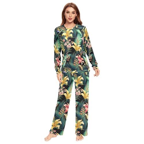 Fustylead Exotic Hibiscus and Plumeria Matching Couple Pajama Set 2 PCS Long Sleeve Lounge Jammies for Family Men Women Multi