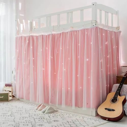 SCMTYWCQ 2PCS Hollow-Out Stars Dorm Home Solid Thicken Bunk Blackout Bed Curtains Cloth Bed Canopy with 2PCS Mosquito Net for Students Single Sleeper (Pink-1)