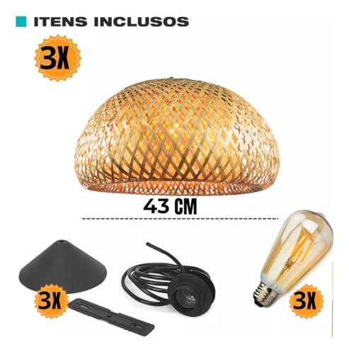 Kit 03 Luminária de Teto Lustre Pendente Bambu Madeira Sunfy Malibu Rústico 43cm - Completo