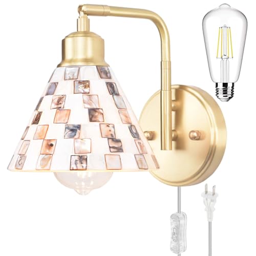 Image of Mother-of-Pearl Shell Brass Wall Sconce, Natural Shell Mosaic Shade Modern Wall Lamp with Edison LED Bulb, Plug-in or Hardwire Bedside Wall Light for Living Room, Bedroom, Hallway, Dining Room, Foyer