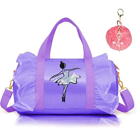 Cute Ballet Dance Bag Kids Tutu Dress Bag Girls Dance Bag Polyester Personalized Waterproof Gym Bag with Key Chain Cute Plush Hanging Pink ball(Purple2) Cover