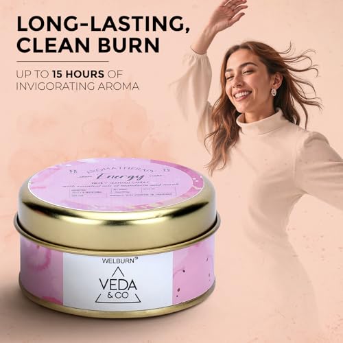 Image of Welburn Veda&Co Scented Wax Candle - Energy Boost | Aromatherapy Travel Tin Candle | Soy Wax | Home Decor Essential | 15-Hour Burn | 85g