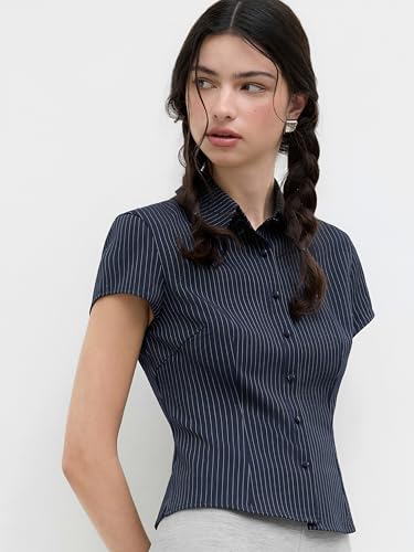 CIDER Women Striped Button Down Shirt Short Sleeve Collared Fitted Work Blouse Office Tops3