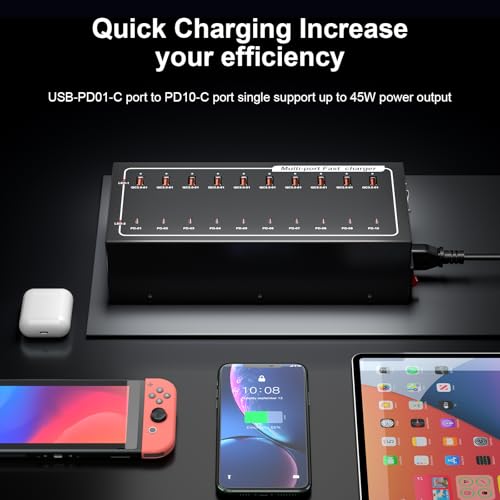 Image of 20-Port Fast Charging Station 400W, USB C and USB A Charger Dock with Smart Power Distribution Technology，for Multiple Devices, PD /QC Fast Charging Support