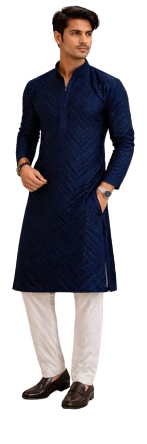 Men's Kurta with Pajama, Embroidery & Sequins Detail, Mandarin Collar, Traditional Ethnic Wear for All Occasions, Trendy Kurta Pajama,-picture-20