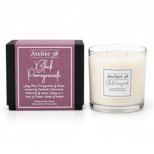 Image of Atelier 38 Black Pomegranate 3 Wick Scented Candle 700g - Luxury Soy Candle, Up to 70 Hour Burn Time, Large Candle Home Fragrance, Long Burning Candle, Housewarming Gift, Made in Surrey Hills