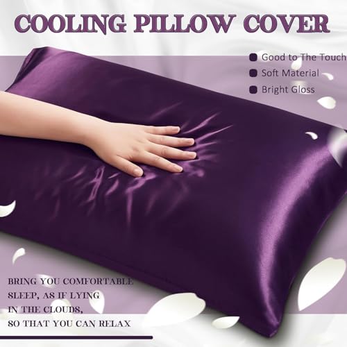 Image of SKVM Satin Silk Pillow Covers Set of 2 for Hair and Skin scrunchies Set for Women 3-Pieces Pillowcase Soft Breathable Smooth Sleeping Envelope Closure Cover Bed Anti Frizz 18 inchX 28 inch (4, Dark Purple)